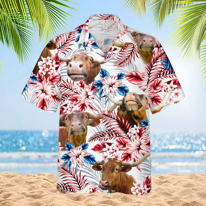 PIGO Simmental Cow Hawaiian Shirt Men US Flag Short Sleeve Size XX-L