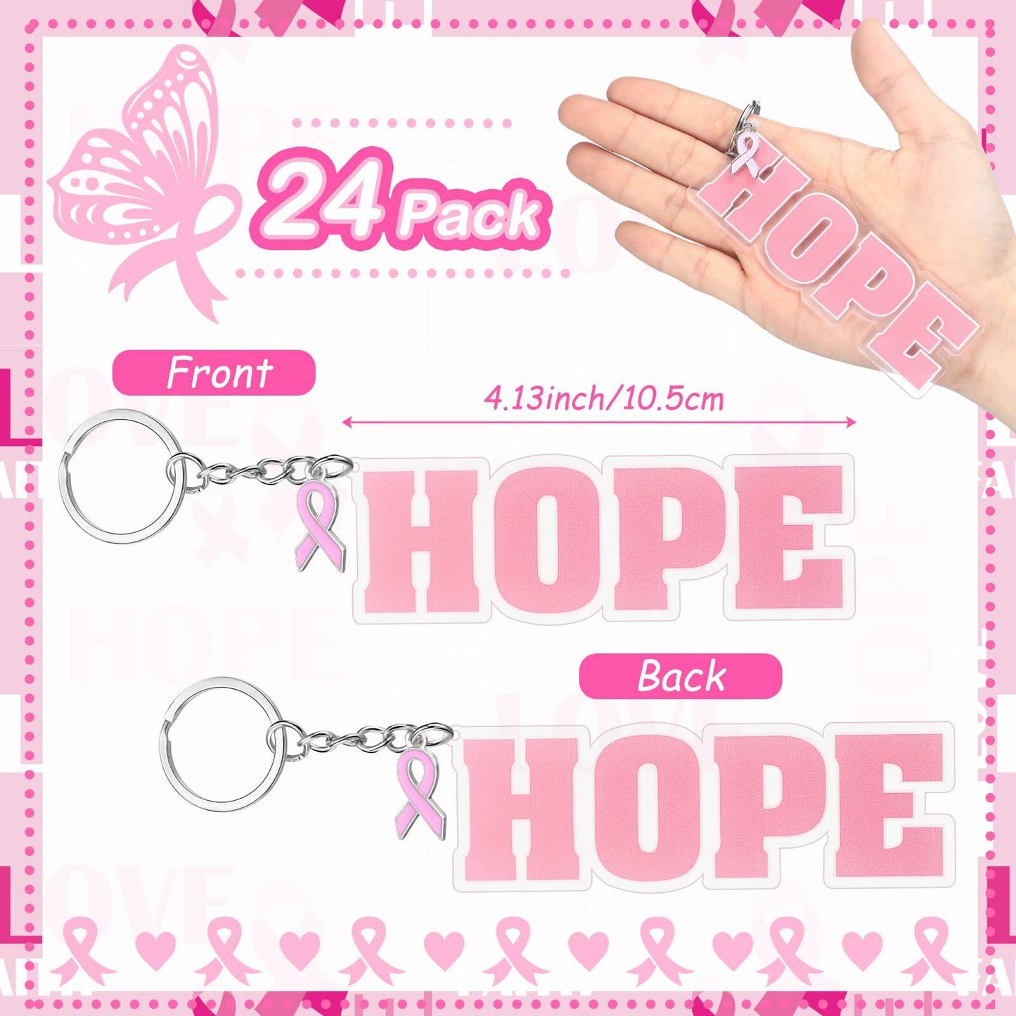 Nosiny 24 Pcs Pink Breast Cancer Awareness Acrylic Keychains 4.13x1.42in