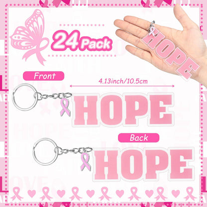 Nosiny 24 Pcs Pink Breast Cancer Awareness Acrylic Keychains 4.13x1.42in