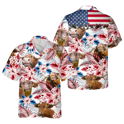 PIGO Simmental Cow Hawaiian Shirt Men US Flag Short Sleeve Size XX-L