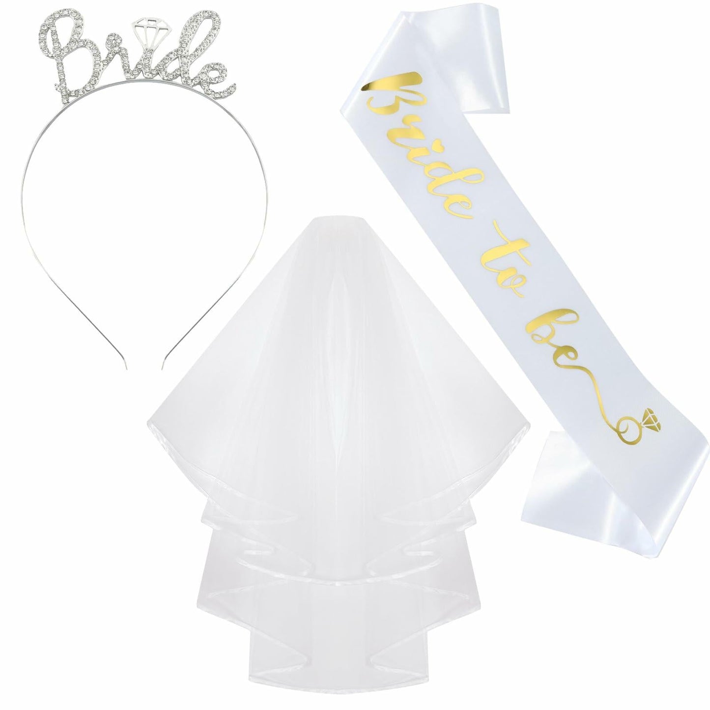 Apone Fatu 3 Pcs Bride Crown Headband Sash Veil Bachelorette Party Gold