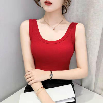 miduo Womens Slim Fit Scoop Neck Lace Trim Ribbed Knit Tank Top Red Size L