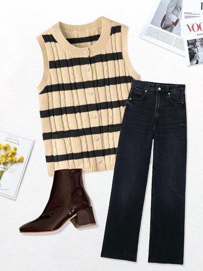 KEOMUD Women's Sleeveless Striped Knit Cardigan Button Vest Apricot Size L