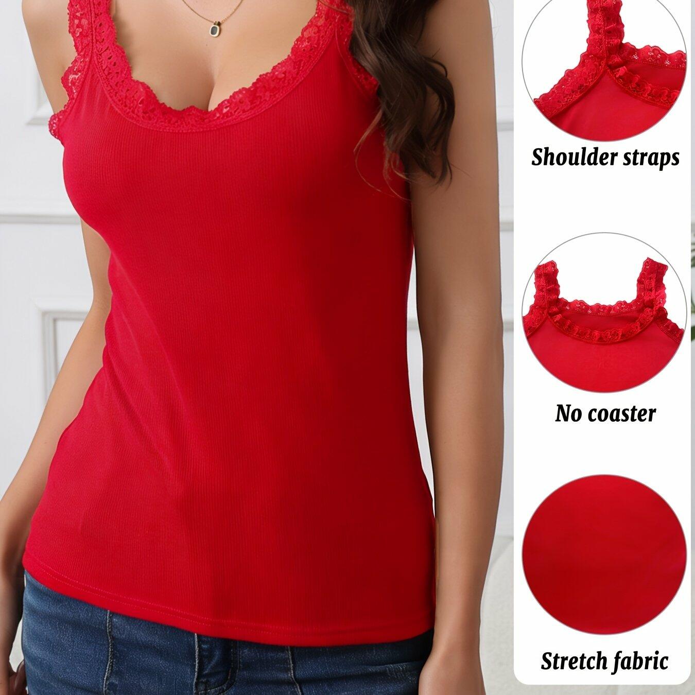 miduo Womens Slim Fit Scoop Neck Lace Trim Ribbed Knit Tank Top Red Size L