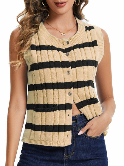 KEOMUD Women's Sleeveless Striped Knit Cardigan Button Vest Apricot Size L