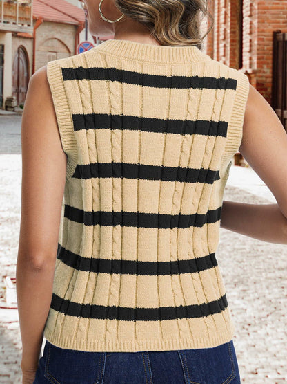 KEOMUD Women's Sleeveless Striped Knit Cardigan Button Vest Apricot Size L