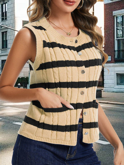 KEOMUD Women's Sleeveless Striped Knit Cardigan Button Vest Apricot Size L