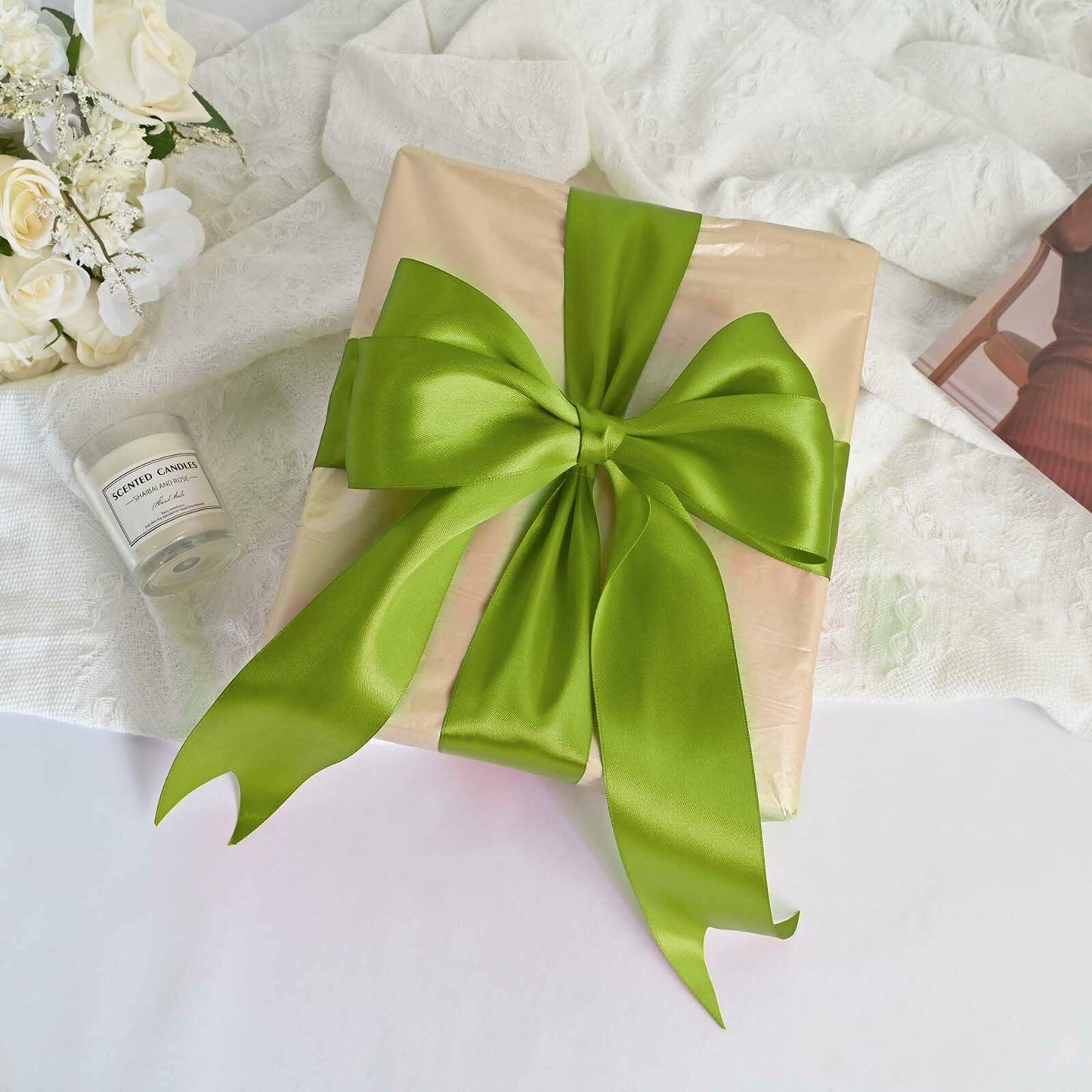 Simplegoal Double Face Olive Green Satin Ribbon 2in x 50yd Polyester