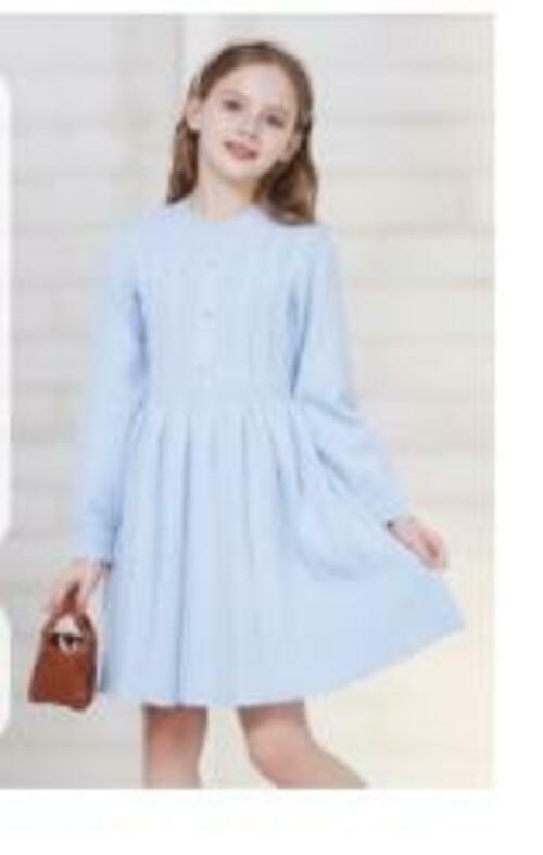 WULFUL Girls Sweater Dress Long Sleeve Button Pleated Knit Light Blue Size 7-8Y