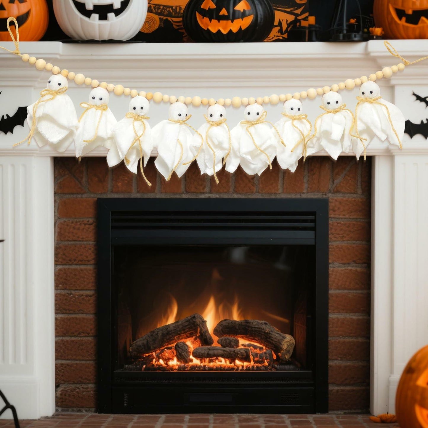 LGGbaodan Handmade Halloween Ghost Wooden Beads Garland 7.2Ft White Decor