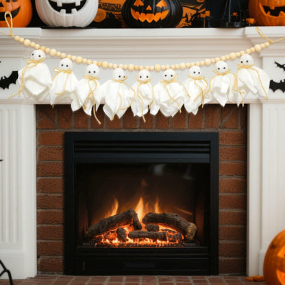 LGGbaodan Handmade Halloween Ghost Wooden Beads Garland 7.2Ft White Decor