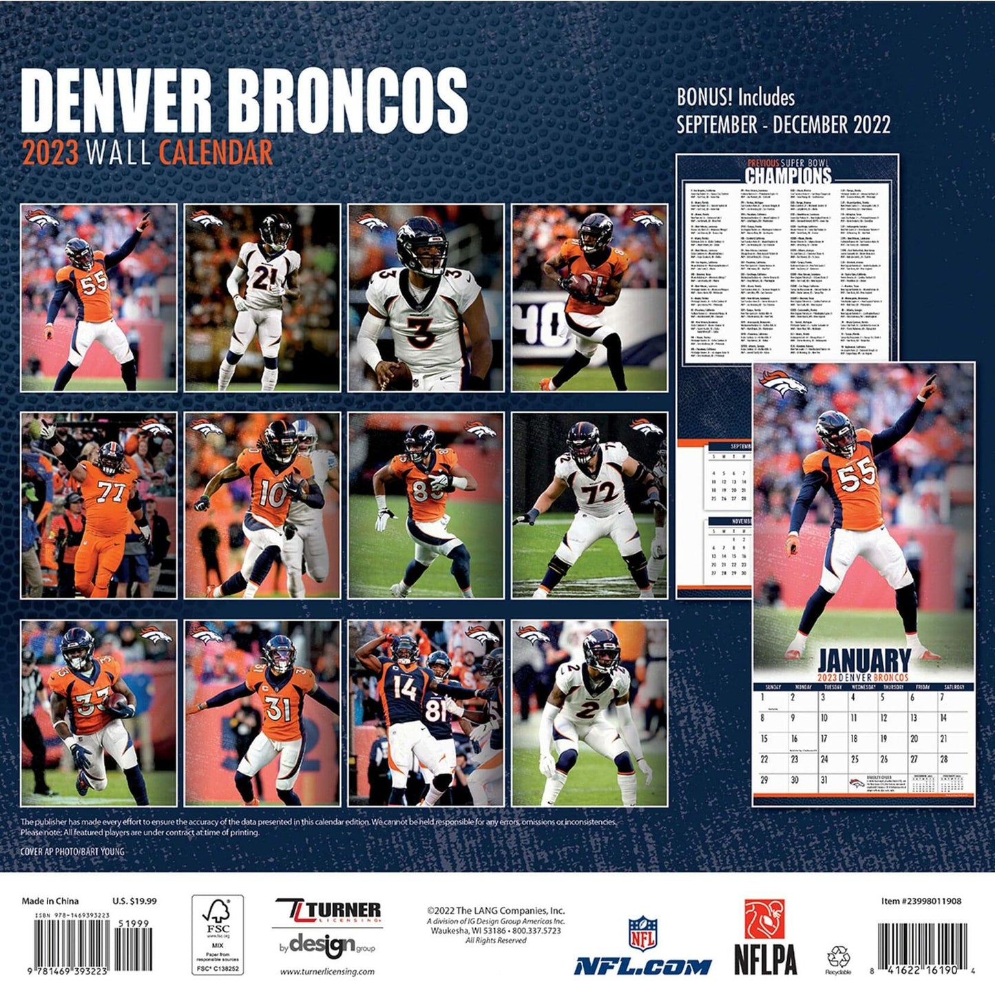 Denver Broncos 2023 Team Wall Calendar 12x12 NFL Football