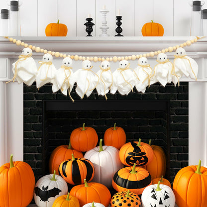 LGGbaodan Handmade Halloween Ghost Wooden Beads Garland 7.2Ft White Decor