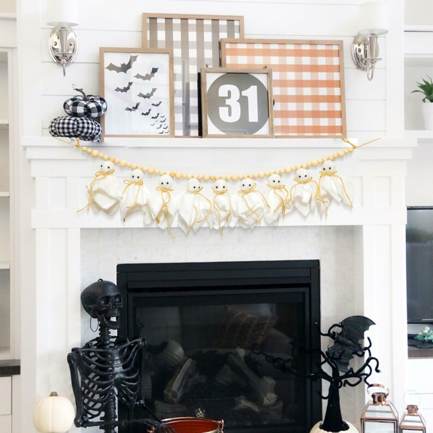 LGGbaodan Handmade Halloween Ghost Wooden Beads Garland 7.2Ft White Decor
