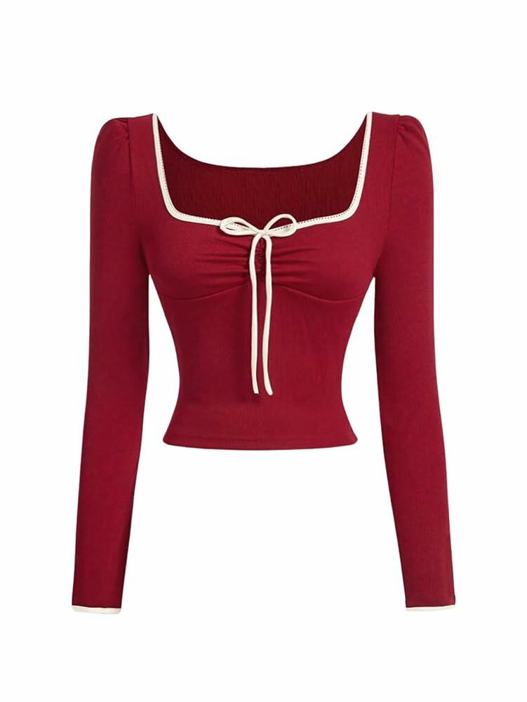 SOLY HUX Women's Bow Tie Front Tee Square Neck Long Sleeve Crop Top Red Size L