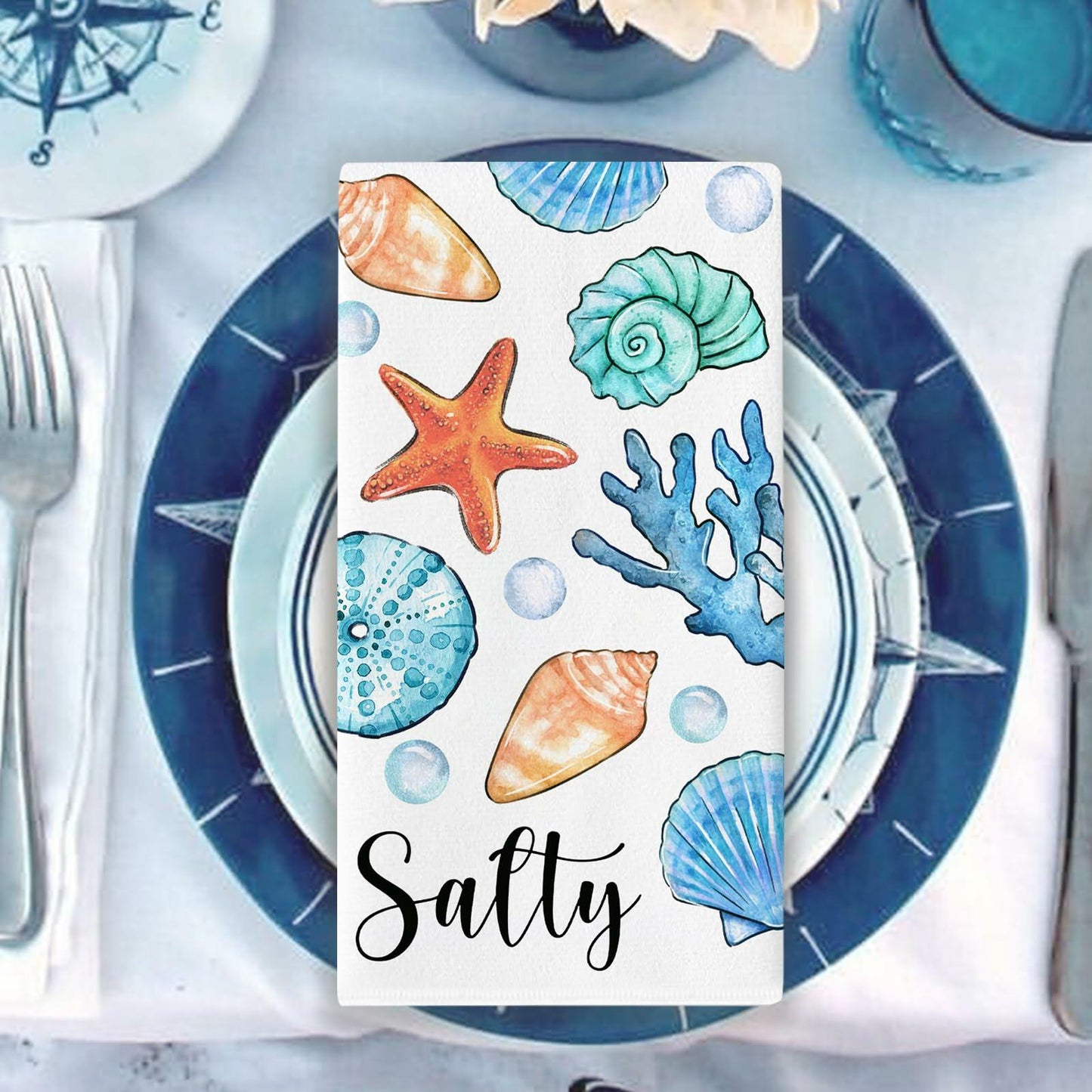 Croar Kitchen Dish Towels Set 2 Coastal Starfish Coral 18x26 in