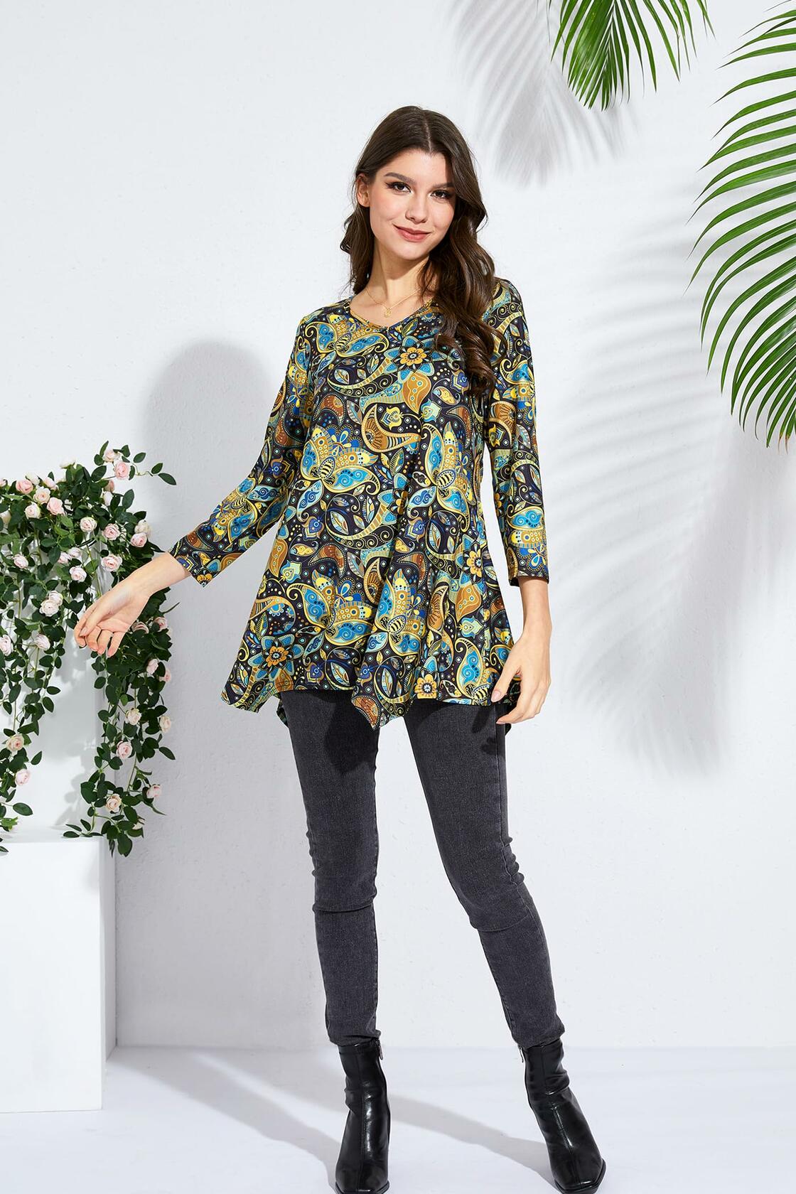 ENMAIN Plus Size Tunic Top Women 3/4 Sleeve V Neck Paisley Flare Size XX-Large