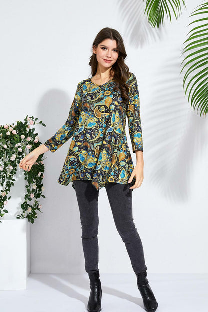 ENMAIN Plus Size Tunic Top Women 3/4 Sleeve V Neck Paisley Flare Size XX-Large