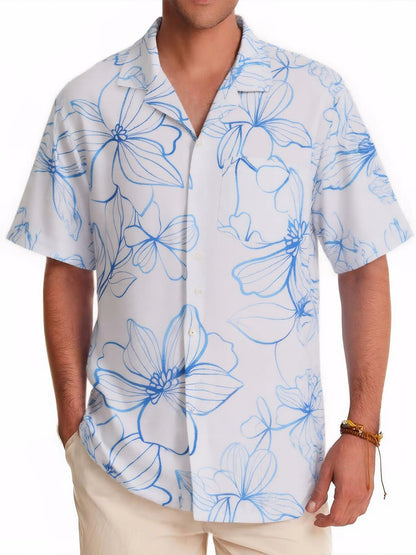 ALLOVIN Mens Hawaiian Shirt Floral Button Down Blue White XL