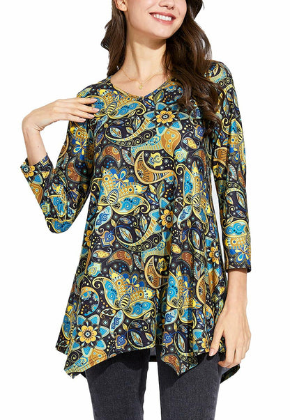 ENMAIN Plus Size Tunic Top Women 3/4 Sleeve V Neck Paisley Flare Size XX-Large