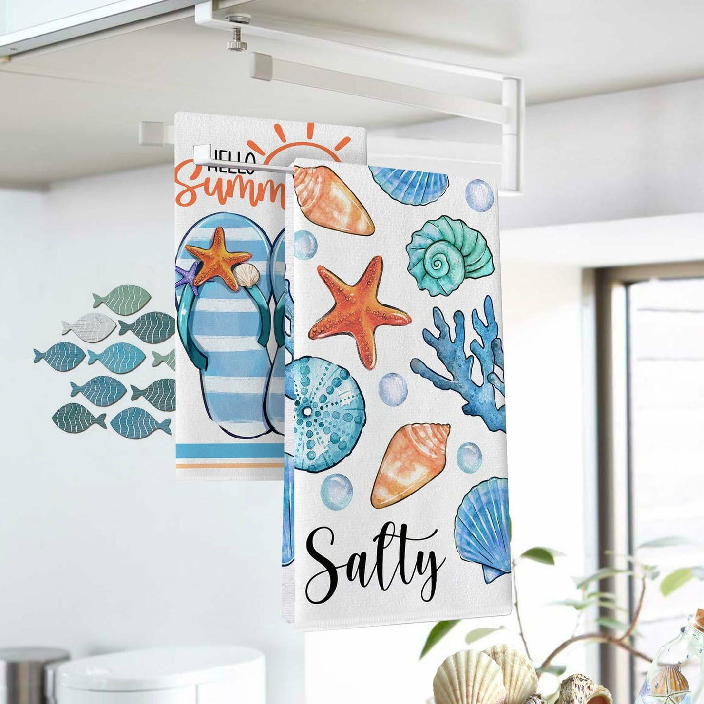 Croar Kitchen Dish Towels Set 2 Coastal Starfish Coral 18x26 in