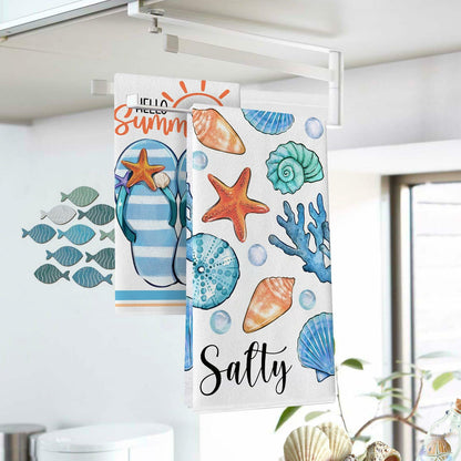 Croar Kitchen Dish Towels Set 2 Coastal Starfish Coral 18x26 in