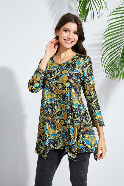 ENMAIN Plus Size Tunic Top Women 3/4 Sleeve V Neck Paisley Flare Size XX-Large