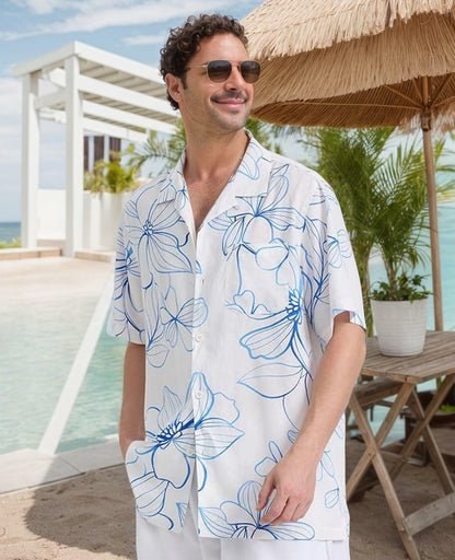 ALLOVIN Mens Hawaiian Shirt Floral Button Down Blue White XL