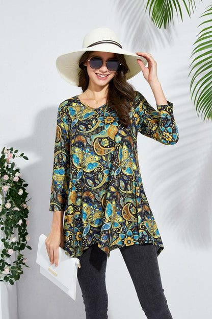 ENMAIN Plus Size Tunic Top Women 3/4 Sleeve V Neck Paisley Flare Size XX-Large