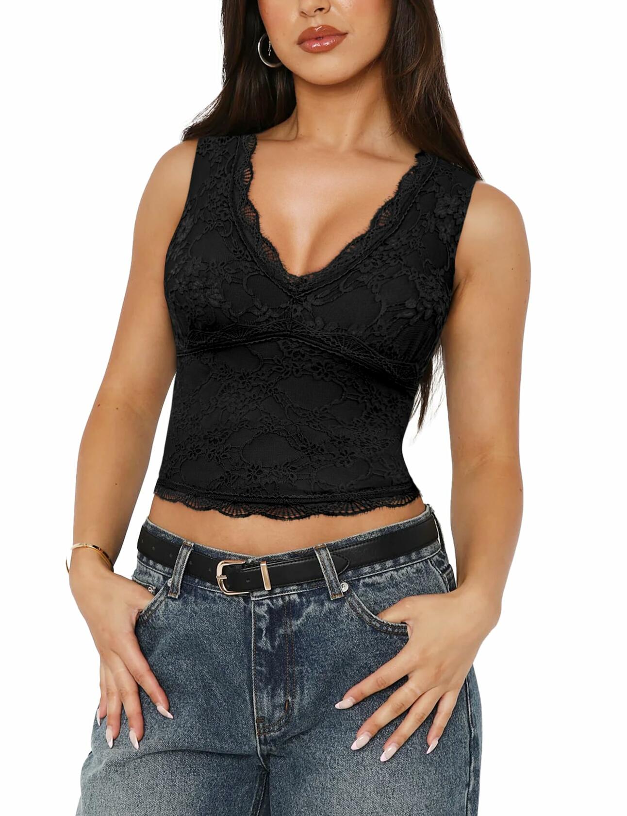 SAUNGKUAI Women's Sexy V Neck Sleeveless Lace Floral Top Bluenova Size S
