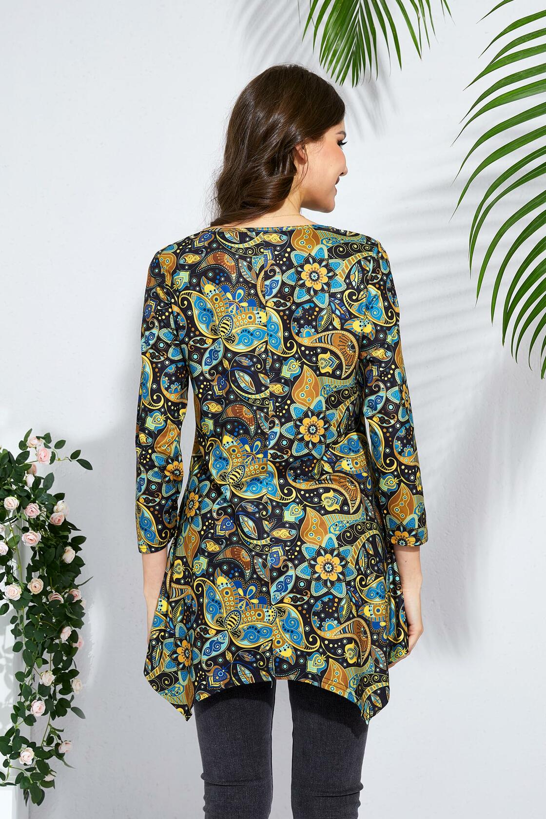 ENMAIN Plus Size Tunic Top Women 3/4 Sleeve V Neck Paisley Flare Size XX-Large