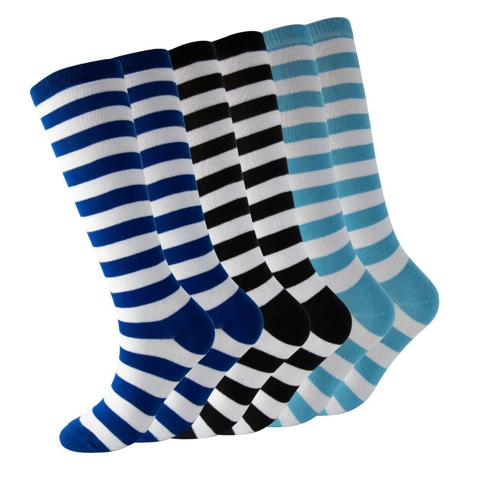 Cerebro Kids Knee High Athletic Cotton Socks Striped 3 Pairs Blue 6-10Y