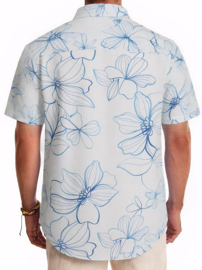 ALLOVIN Mens Hawaiian Shirt Floral Button Down Blue White XL