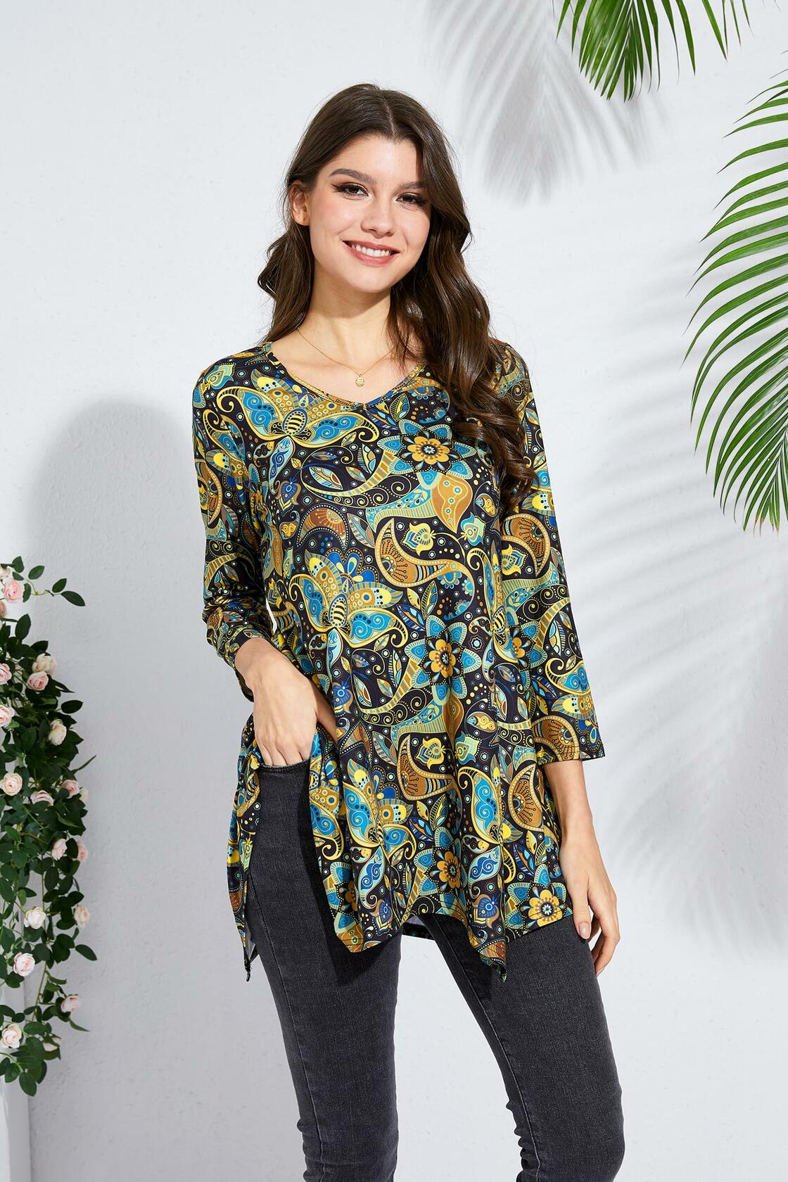 ENMAIN Plus Size Tunic Top Women 3/4 Sleeve V Neck Paisley Flare Size XX-Large