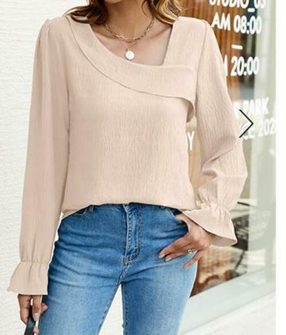 BMJL Womens Asymmetrical Neck Long Sleeve Blouse Beige Size XL