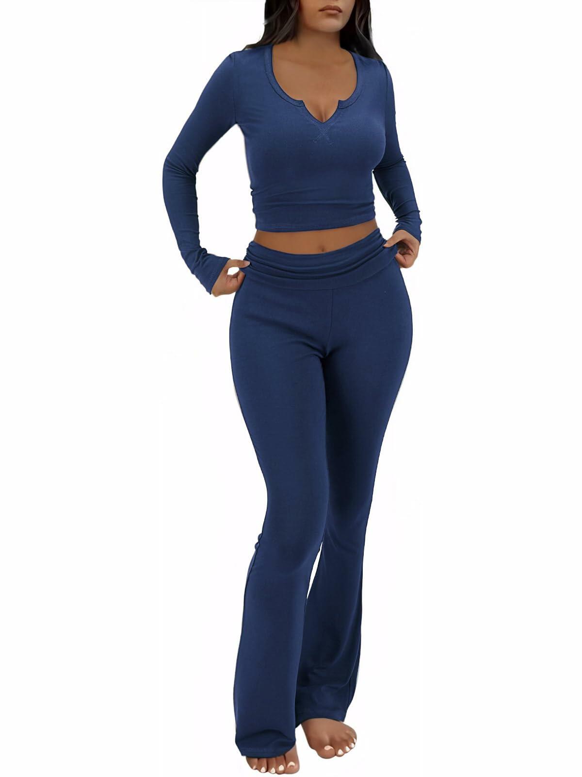 FAIRY SEASON Womens 2PC Lounge Set V Neck Top Flare Pants Blue Size XS
