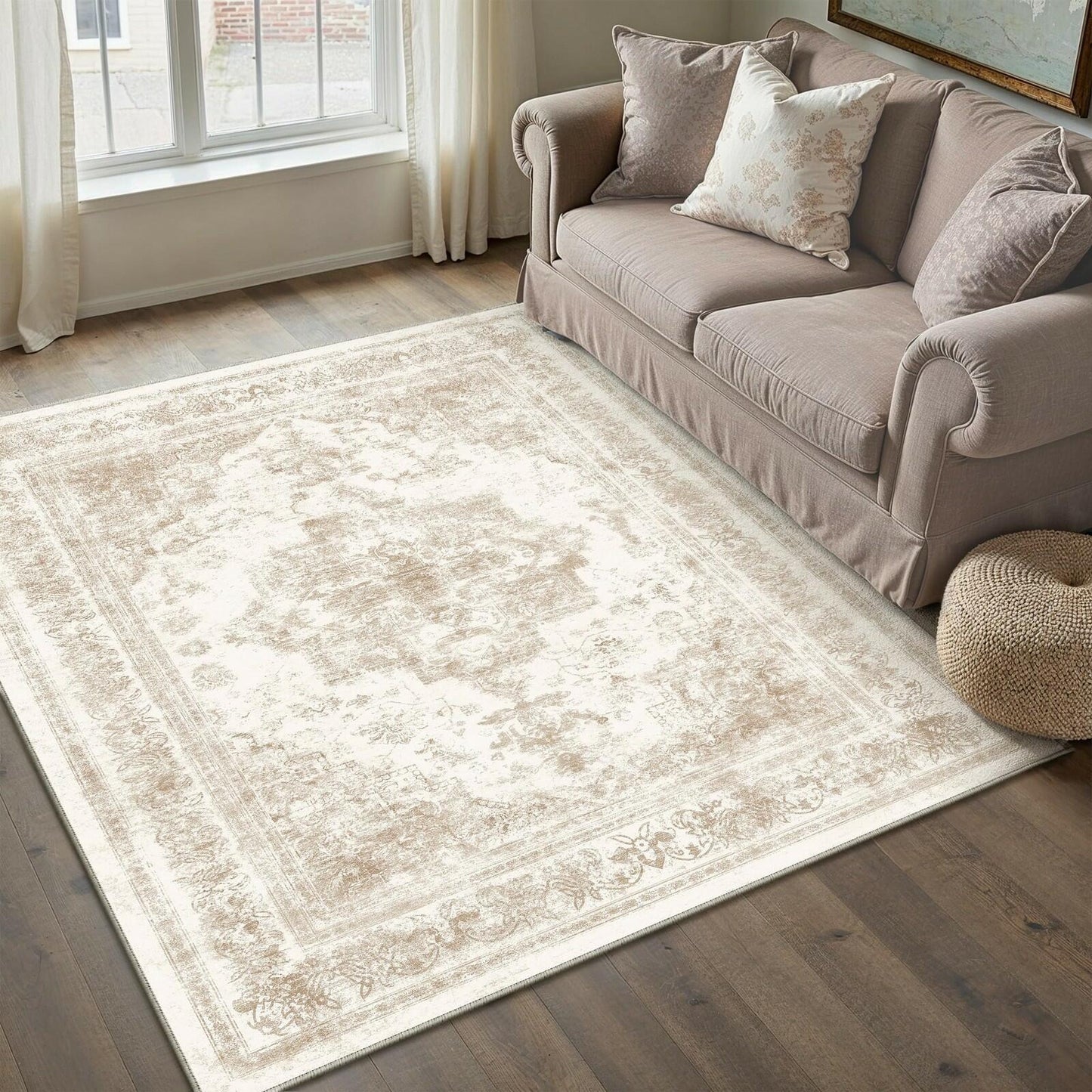 PureCozy 3x5 Taupe Vintage Floral Washable Low Pile Area Rug Classic