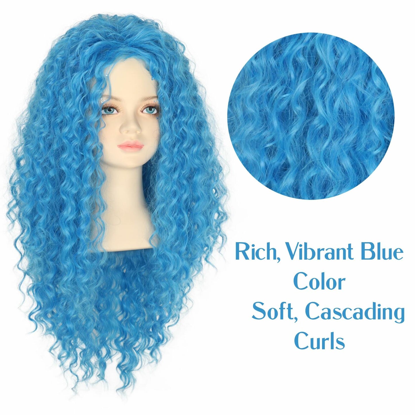 Miss U Hair Girls Long Curly Blue Wig Child Size