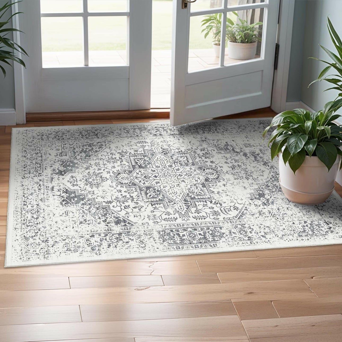 PureCozy 3x5 Taupe Vintage Floral Washable Low Pile Area Rug Classic