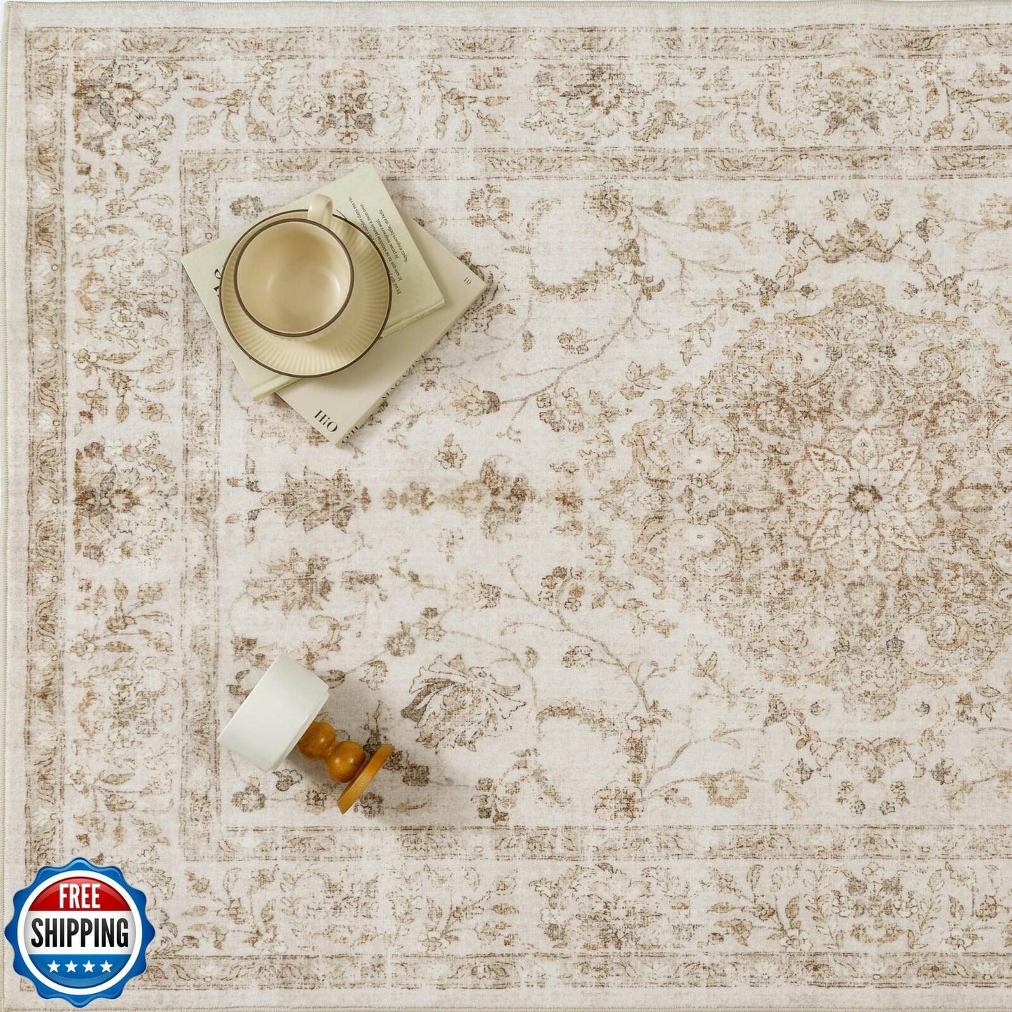 PureCozy 3x5 Taupe Vintage Floral Washable Low Pile Area Rug Classic