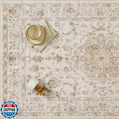 PureCozy 3x5 Taupe Vintage Floral Washable Low Pile Area Rug Classic