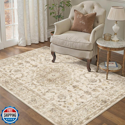 PureCozy 3x5 Taupe Vintage Floral Washable Low Pile Area Rug Classic