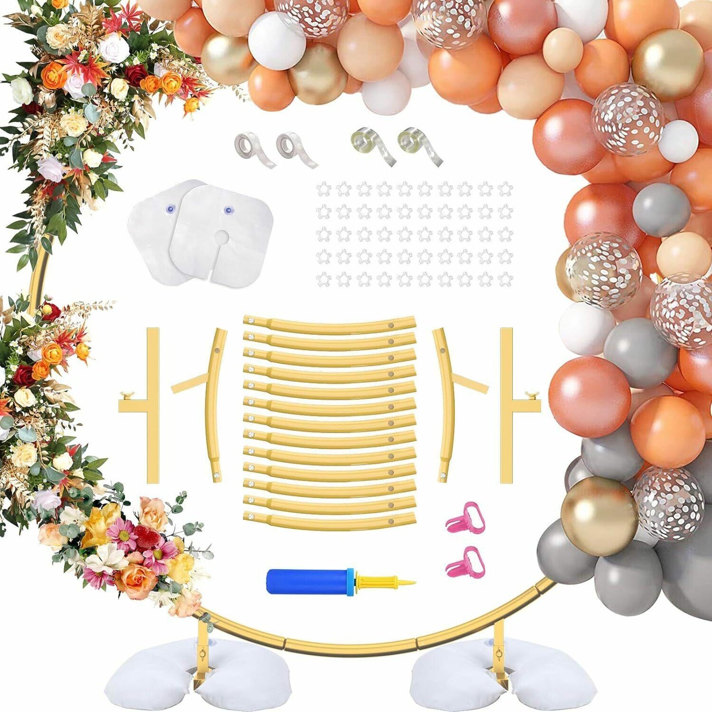 HEOMU Round Backdrop Balloon Arch Stand 7.3FT Gold Metal Art Deco
