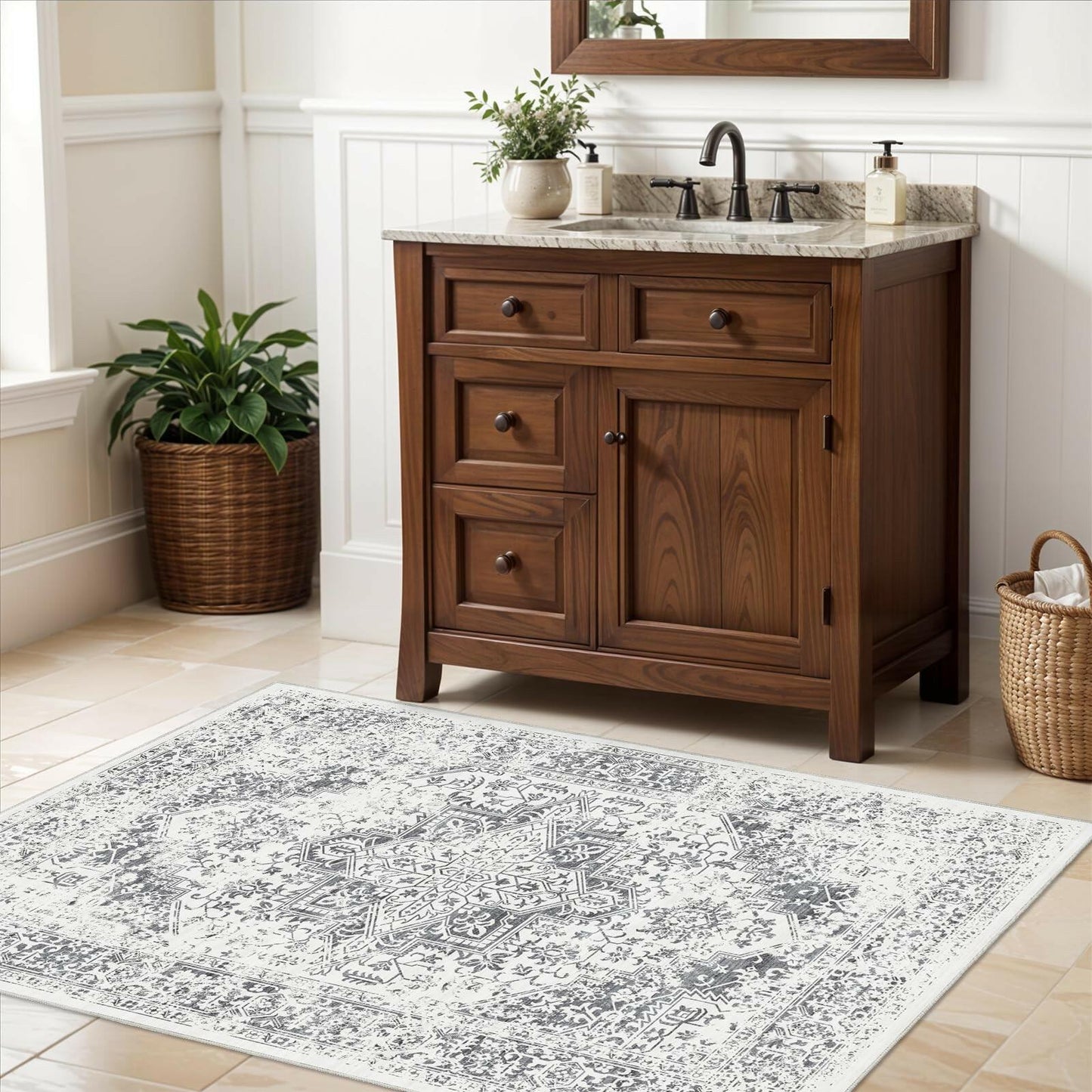 PureCozy 3x5 Taupe Vintage Floral Washable Low Pile Area Rug Classic
