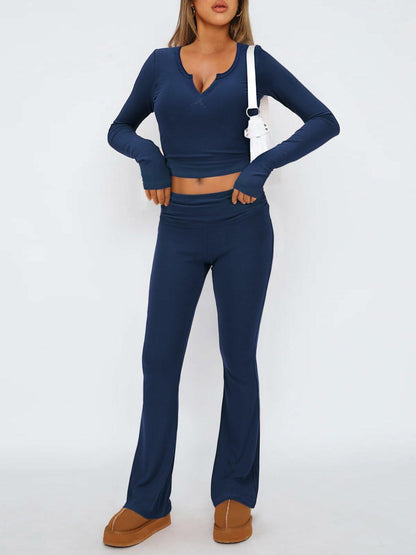 FAIRY SEASON Womens 2PC Lounge Set V Neck Top Flare Pants Blue Size XS