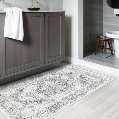 PureCozy 3x5 Taupe Vintage Floral Washable Low Pile Area Rug Classic