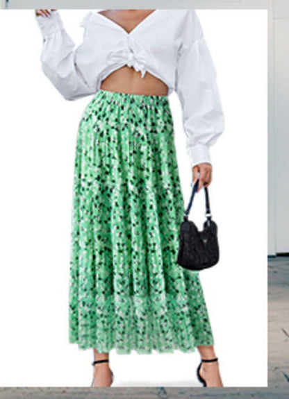 Wielsscca Women's Pleated Floral Chiffon Maxi Skirt Light Green Size L