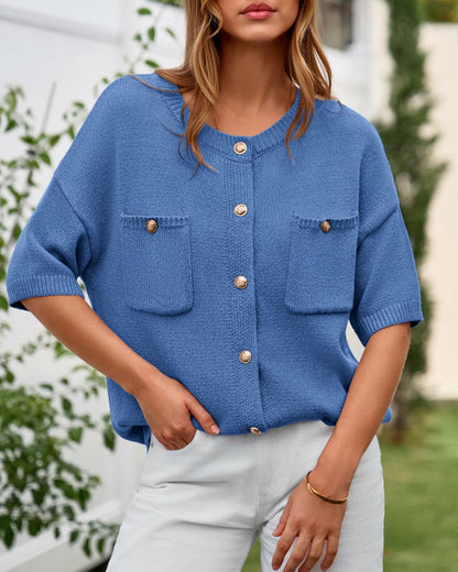 BTFBM Women's Short Sleeve Button Up Cardigan Sweater Blue Size S