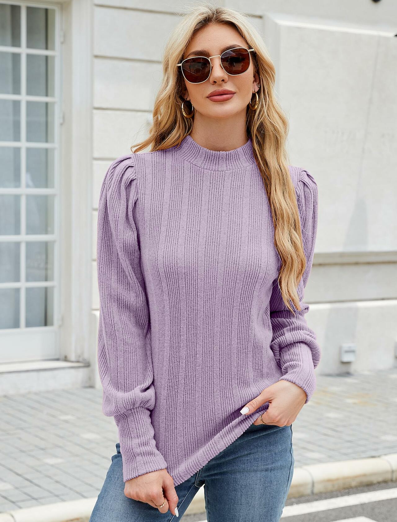 JUSTFASHIONNOW Womens Ribbed Knit Puff Sleeve Sweater Purple Size XL