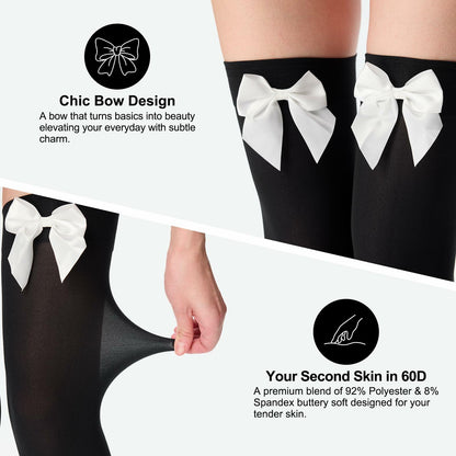 YIGETA Knee High Socks Bow Hold-ups Snag-Resistant Black White